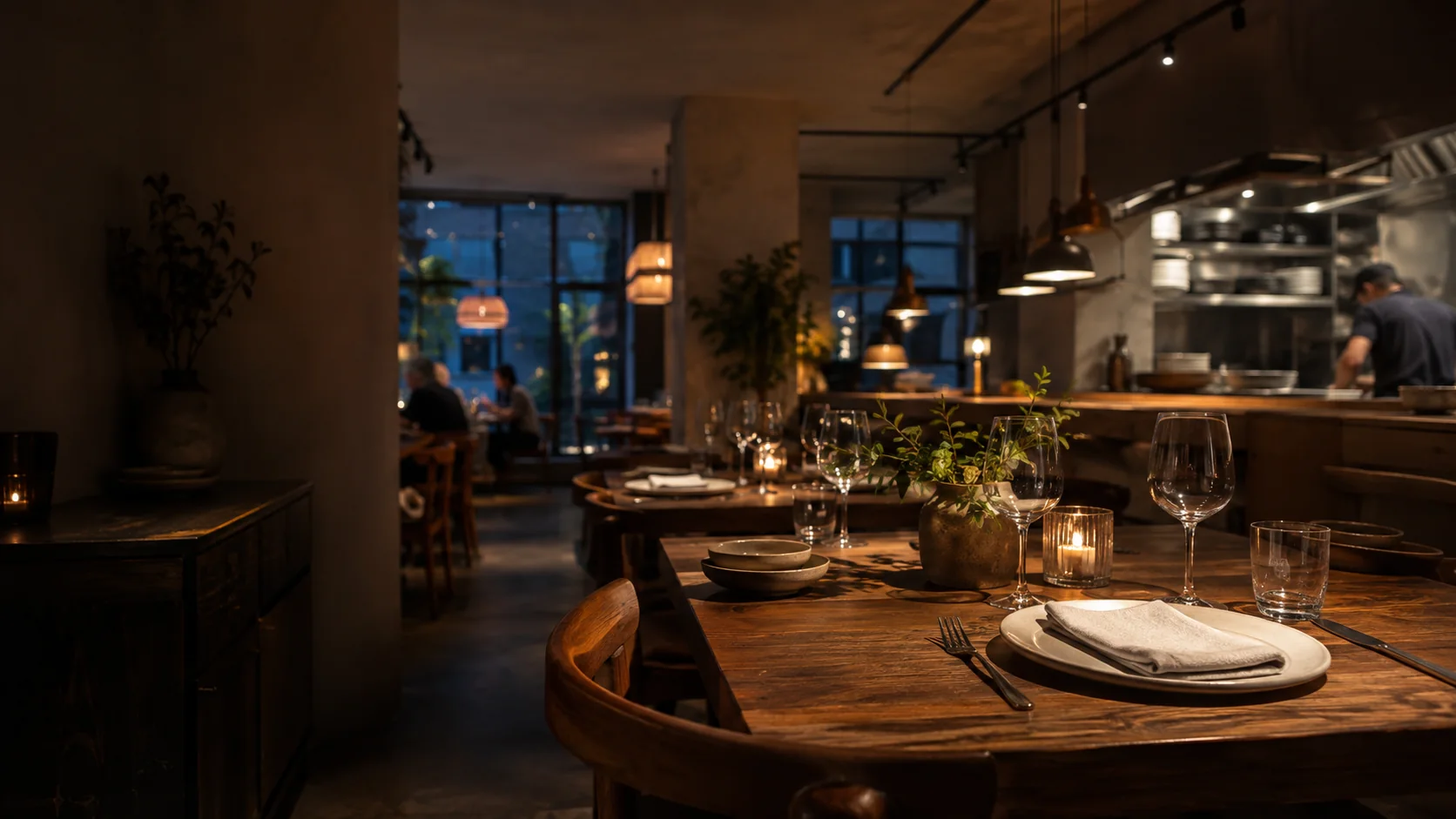 Ciepłe wnętrze restauracji AMO z otwartą kuchnią